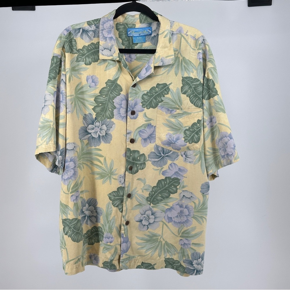 Bermuda Bay Yellow Green Blue Tropical‎ Floral Men's XL 100% Silk Shirt